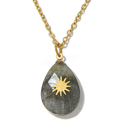 Natural Labradorite Faceted Teardrop Pendant 304 Stainless Steel Cable Chain Necklaces for Women WG4FB82-03-1