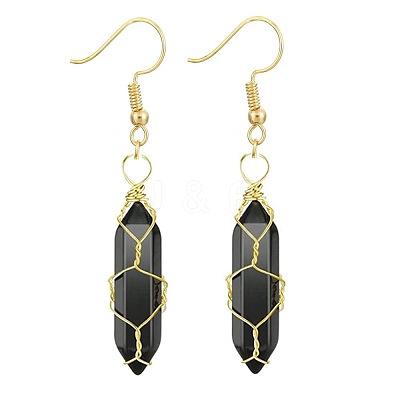 Obsidian Hexagon Handmade Copper Wire Wrapped Earrings Natural Stone Column Earrings ND6138-6-1