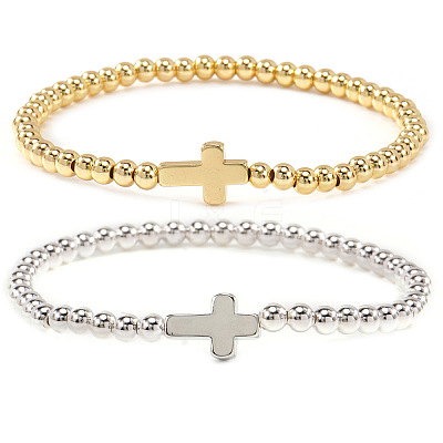 2Pcs Brass & 304 Stainless Steel Beads Stretch Bracelets Set EI7625-1-1
