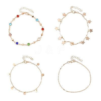 Alloy Colorful Rhinestone Chain Disc Butterfly Tassel 4 Layered Anklets for Women AJEW-A069-01B-G-1