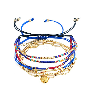 4Pcs 4 Styles Glass Seed Beads Multi-strand Braided Bead Bracelets & Brass Round Beads Stretch Bracelets & Heart 304 Stainless Steel Charm Bracelets & Brass Tube Braided Bracelets Set for Women VV5058-1-1