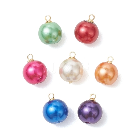 Baking Paint Pearlized Glass Pearl Round Charms with Brass Bails PALLOY-JF04896-1