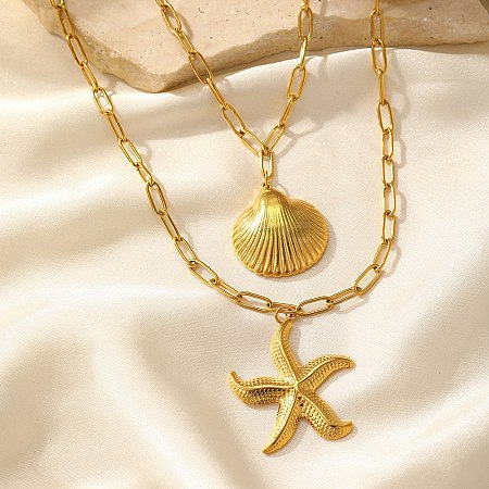 Bohemian Styles 304 Stainless Steel Starfish and Shell Shape Pendant Double Layer Necklaces for Women NJEW-F343-01G-1