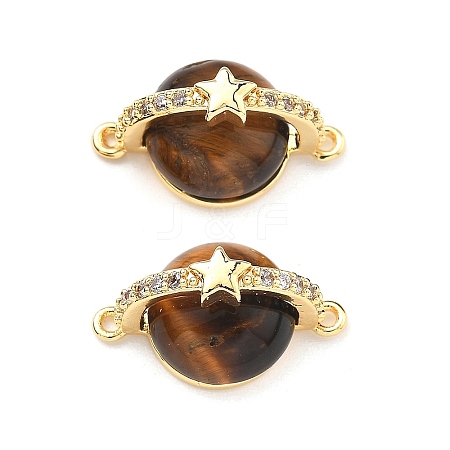 Brass Pave Natural Tiger Eye Planet Connector Charms KK-B129-03G-1