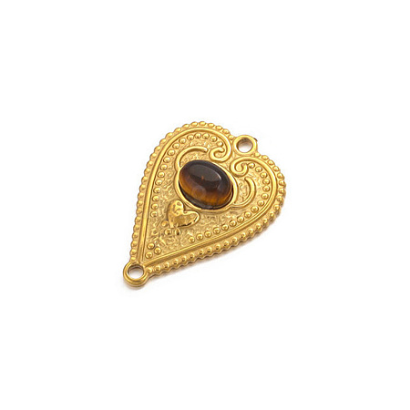 Stainless Steel Pave Natural Tiger Eye Peach Heart Connector Charms PW-WG0EEB2-03-1