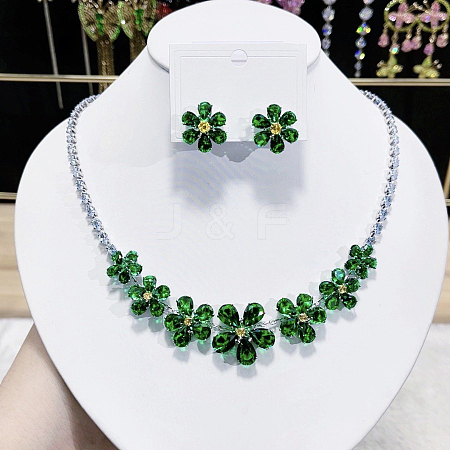 Flower Brass Micro Pave Cubic Zirconia Necklaces & Stud Earrings Sets FS-WG9424F-02-1