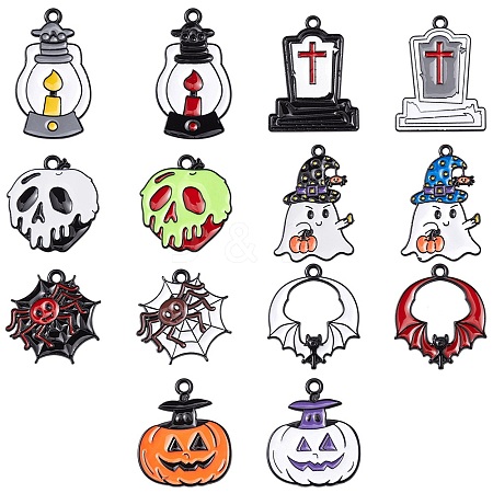 14Pcs 14 Style Halloween Theme Rack Plating Spray Painted Alloy Enamel Pendants ENAM-YW0003-84-1