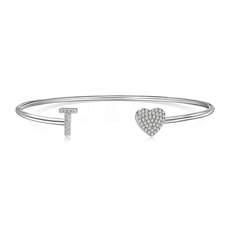 Anti-Tarnish Heart & Letter Rhodium Plated 925 Sterling Silver Micro Pave Cubic Zirconia Cuff Bangles for Women BJEW-C062-01T-P-1