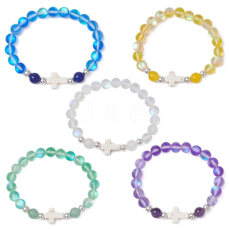 Synthetic Moonstone Beads Stretch Bracelets for Women Men BJEW-JB11376-1