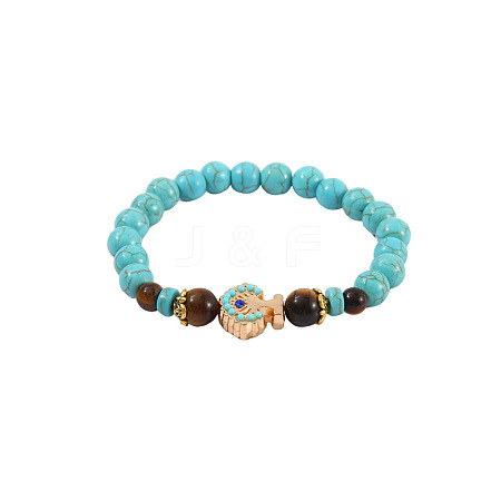 Synthetic Turquoise & Natural Tiger Eye Round Beaded Stretch Bracelets FS-WGB9D7B-06-1