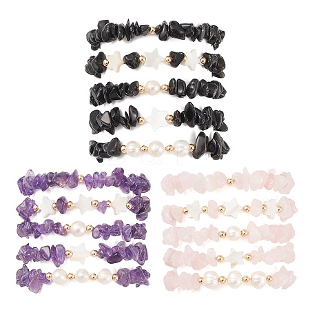 5Pcs 5 Style Natural Mixed Gemstone Chips Stretch Bracelets Set BJEW-JB09551-1