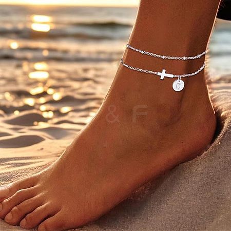 304 Stainless Steel Sideways Cross Link Anklets with Flat Round Initial Charms FS-WG42793-06-1