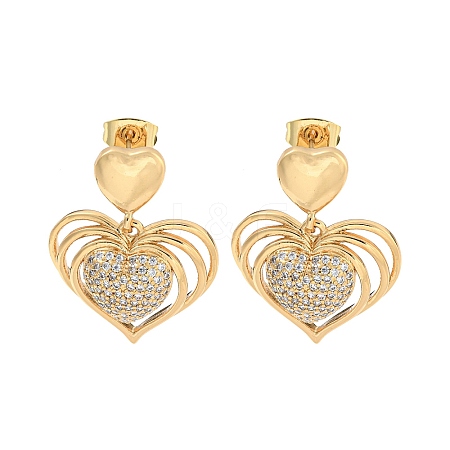 Heart Brass Pave Clear Cubic Zirconia Stud Earrings EJEW-M258-66G-1