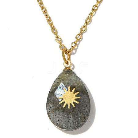 Natural Labradorite Faceted Teardrop Pendant 304 Stainless Steel Cable Chain Necklaces for Women WG4FB82-03-1
