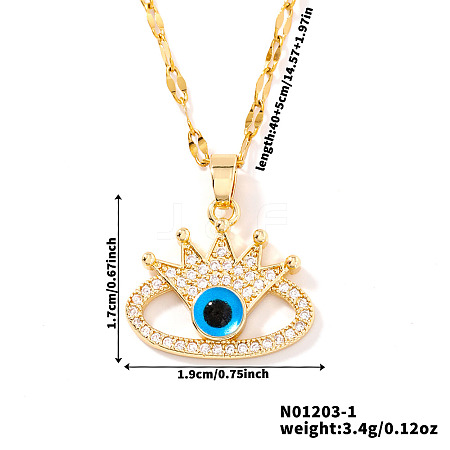 Fashionable Hip-hop Style Brass Full Crystal Rhinestone Crown Blue Evil Eye Pendant Dapped Chain Necklaces for Women MF0686-1-1