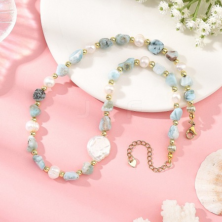 Natural Larimar Nuggets & Natural Cultured Freshwater Pearl & Keshi Pearl Coin Beaded Bracelets NJEW-JN06574-02-1