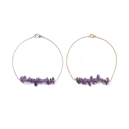 Natural Amethyst Chips Beaded Anklets Set with 304 Stainless Steel Cable Chains AJEW-AN00481-03-1