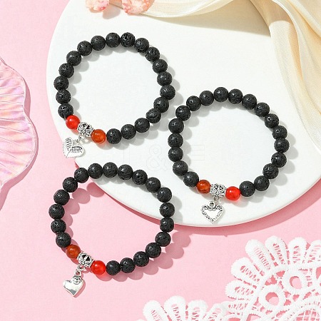 Natural Lava Rock Round & Carnelian Beads Stretch Braclets for Women BJEW-JB11472-1