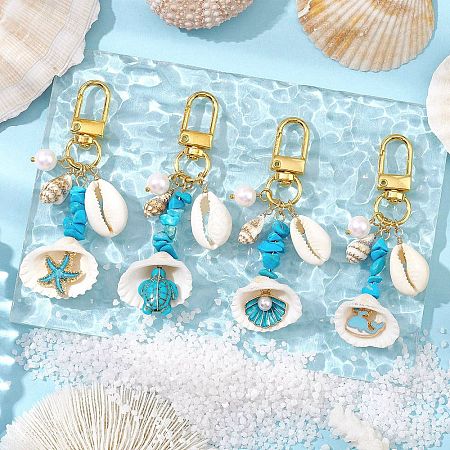 4Pcs 4 Styles Synthetic Turquoise Chip Bead and Shell Pendant Decorations HJEW-JM02915-1