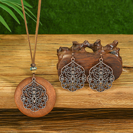 Bohemian Alloy & Wood Pendant Necklaces & Tassel Dangle Earrings Sets WG0AFF1-04-1