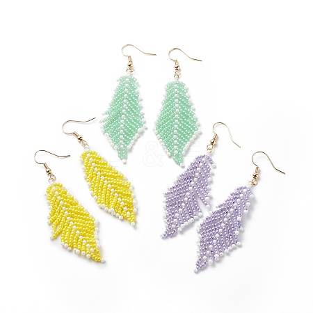 Japanese Seed Braided Feather Dangle Earrings EJEW-MZ00001-1