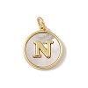 Brass Pave Natural Shell Flat Round with Letter Charms KK-Z115-13G-N-1