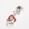 Heart Antique Silver Plated Alloy Rhinestone European Dangle Charms Large Hole Pendants MPDL-K014-05-1