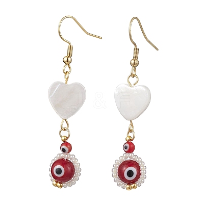 Natural Shell Heart & Lampwork Evil Eye Dangle Earrings EJEW-MZ00121-1