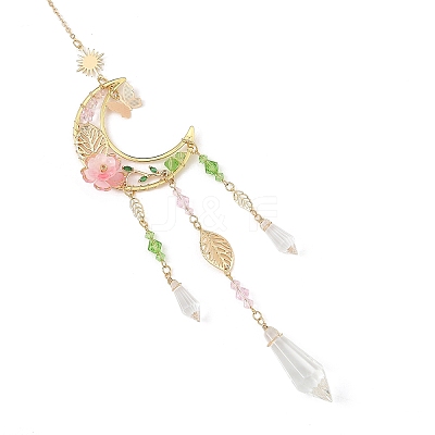 Brass Moon Sun Leaf & Acrylic Flower Suncatcher HJEW-TA00499-1