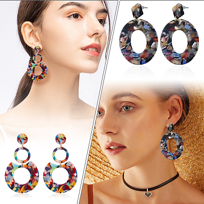 6 Pairs 6 Style Oval & Square & Donut Acrylic Dangle Stud Earrings EJEW-AN0003-36-1