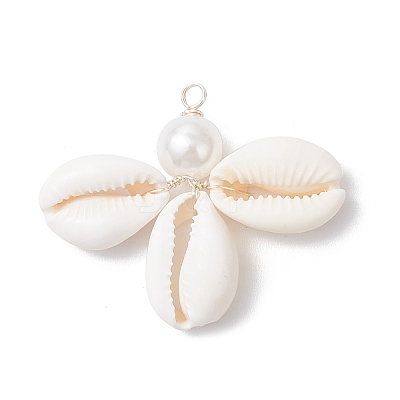 Natural Cowrie Shell & ABS Plastic Imitation Pearl Round Pendants PALLOY-JF03786-1