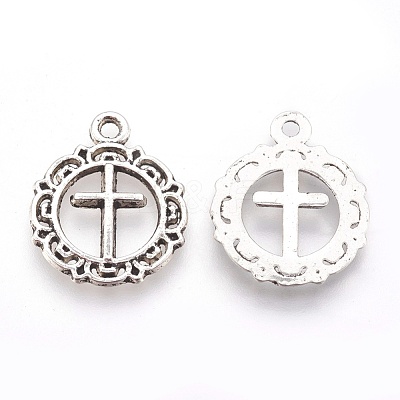 Tibetan Style Flat Round with Cross Alloy Pendants TIBEP-Q054-07AS-RS-1