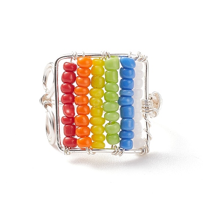 Glass Bead Braided Rectangle Open Cuff Ring RJEW-JR00489-1