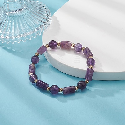 Natural Amethyst Column & Round Stretch Bracelet for Women BJEW-JB09351-01-1