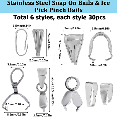 180Pcs 6 Styles 201 & 304 Stainless Steel Snap On Bails & Ice Pick Pinch Bails STAS-SC0005-61-1