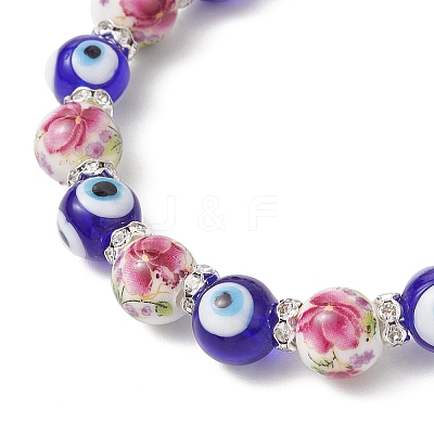Handmade Flower Printed Porcelain Ceramic & Handmade Lampwork Evil Eye Beads Stretch Bracelets for Women BJEW-JB12105-02-1