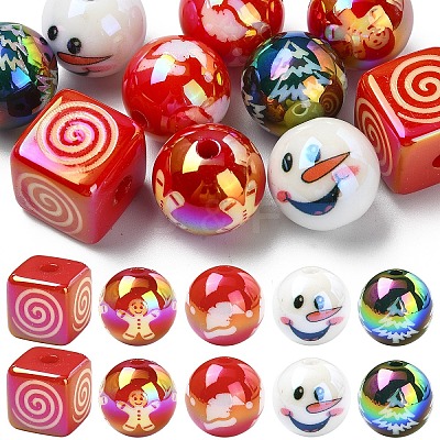 12Pcs 6 Styles Christmas Theme UV Plating Acrylic Round/Cube Beads OACR-YW0003-46-1