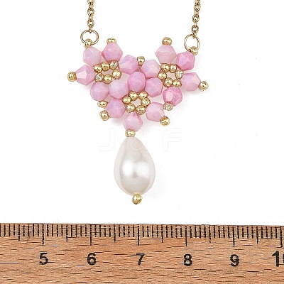 Electroplate Glass Beaded Flower Teardrop Pendant 304 Stainless Steel Cable Chain Necklaces NJEW-MZ00156-01-1