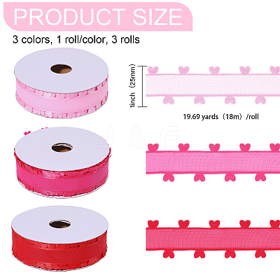3 Rolls 3 Colors Heart Valentine's Day Polyester Lace Trim OCOR-FG0002-74-1
