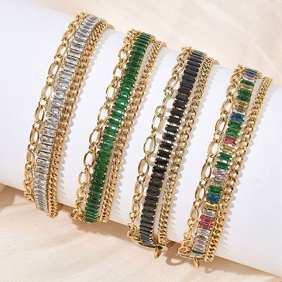 304 Stainless Steel & Glass Double Layers Chain Bracelets for Women BJEW-F540-10G-1