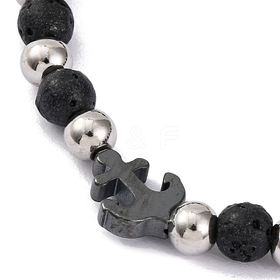 Natural Lava Rock & Synthetic Magnetic Hematite Anchor Beaded Bracelet BJEW-P339-01P-06-1