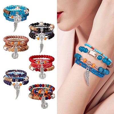 5Pcs 5 Style Wood & Glass Seed & Acrylic Beaded Stretch Bracelets Set with Baseball JB709C-1