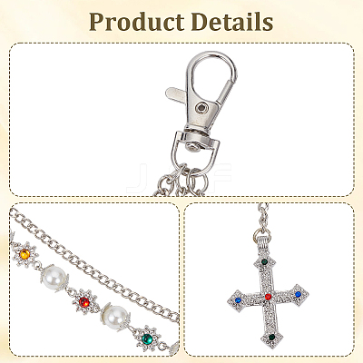 1Pc Alloy Colorful Rhinestone Flower & Plastic Pearl Link Chain Double Layer Pants Chains AJEW-GF0012-74-1