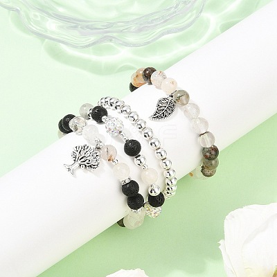4Pcs 4 Styles Natural Green Lodolite Quartz & Lava Rock Beaded Stretch Bracelet & Alloy Charms Bracelets Sets for Women BJEW-JB12489-1