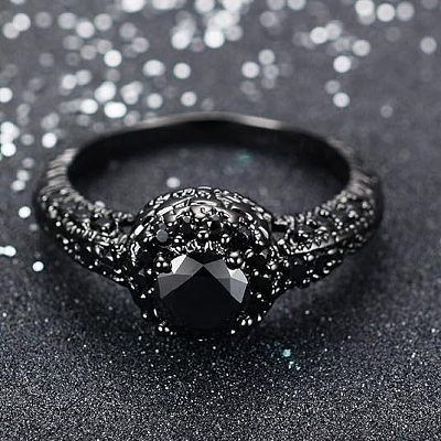 Flat Round Brass Jet Rhinestone Finger Rings FS-WG232E0-01-1