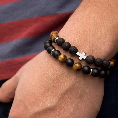 2Pcs 2 Style 8mm Round Natural Lava Rock & Frosted Black Agate & Tiger Eye Stretch Bracelets Set TH1702-6-1