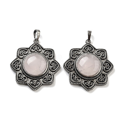 Natural Rose Quartz & Brass Pendants G-K338-09AS-07-1