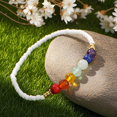 Natural & Synthetic Gemstone & Glass Seed Beads Stretch Bracelets for Women CR6398-1