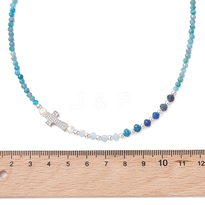 Natural Mixed Stone Faceted Round and Dyed Malaysia Jade & Pearl Beaded Necklaces with Brass Micro Pave Clear Cubic Zirconia Cross NJEW-JN05975-1