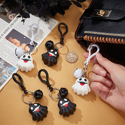 12Pcs 2 Colors Halloween Theme Cute Cartoon PVC Ghost Pendant Keychain with Bell Charm KEYC-CP0001-15-1